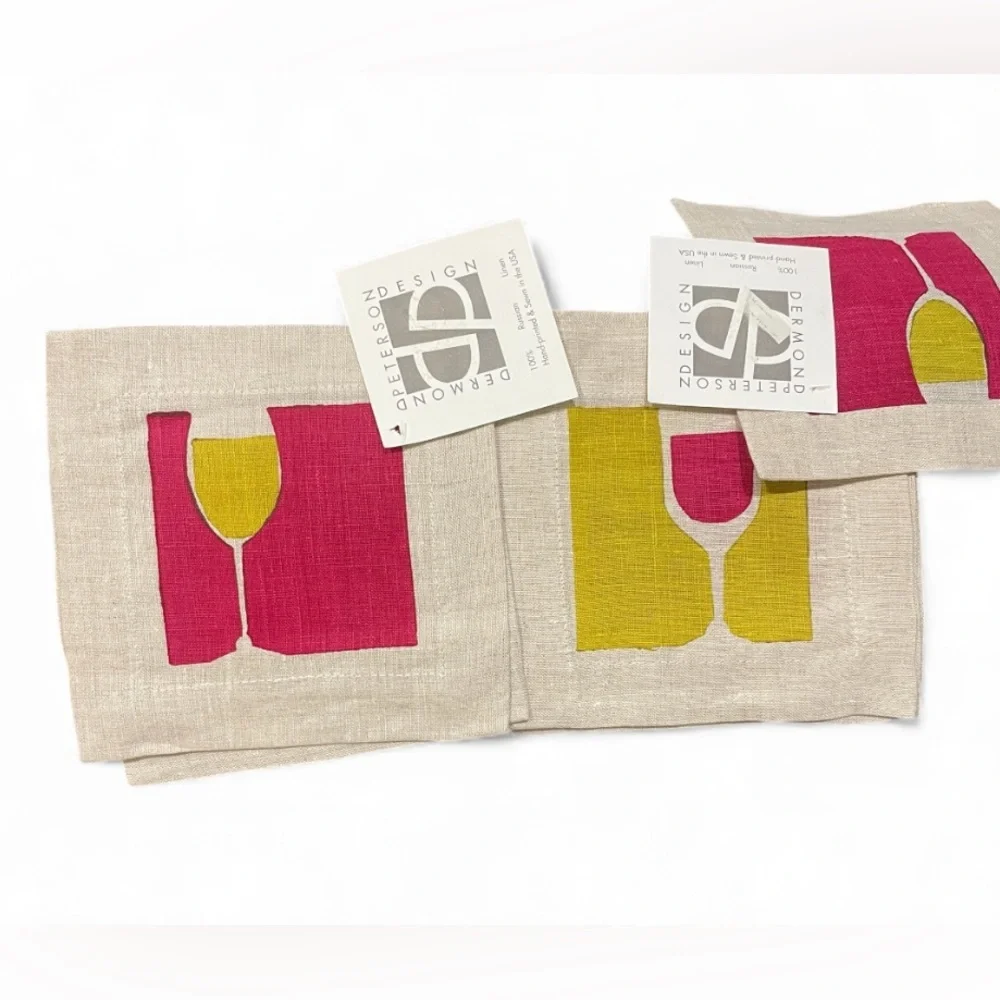 Dermont Peterson Linen Cocktail Napkins Set of 4 Mixed Prints Hand-Printed NWT